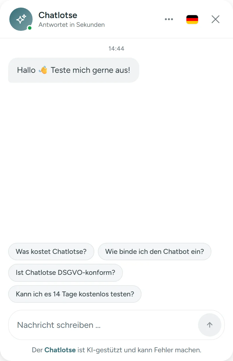 Geöffnetes Chatfenster des Widgets mit Begrüßung und Quick-Reply-Vorschlägen