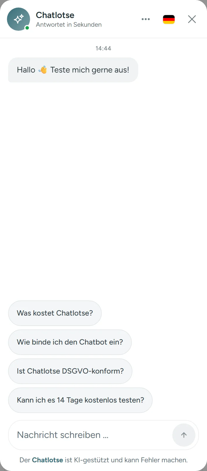 Geöffnetes Chatfenster des Widgets in der mobilen Ansicht