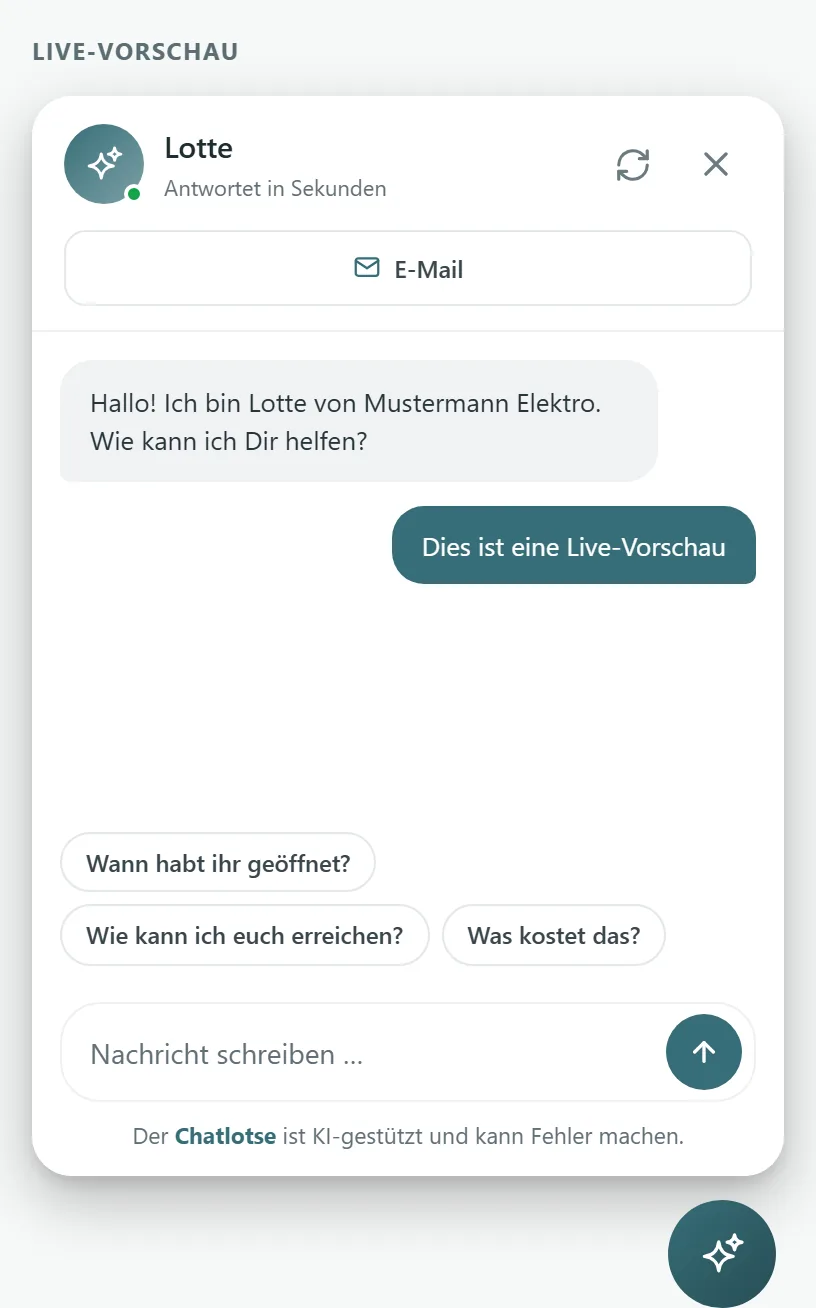 Live-Vorschau des Chatfensters mit der eingestellten Begrüßung rechts im Dashboard