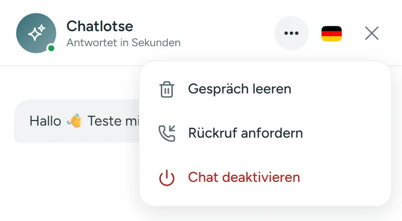 Geöffnetes Menü im Chat mit den Punkten Gespräch leeren, Rückruf anfordern und Chat deaktivieren