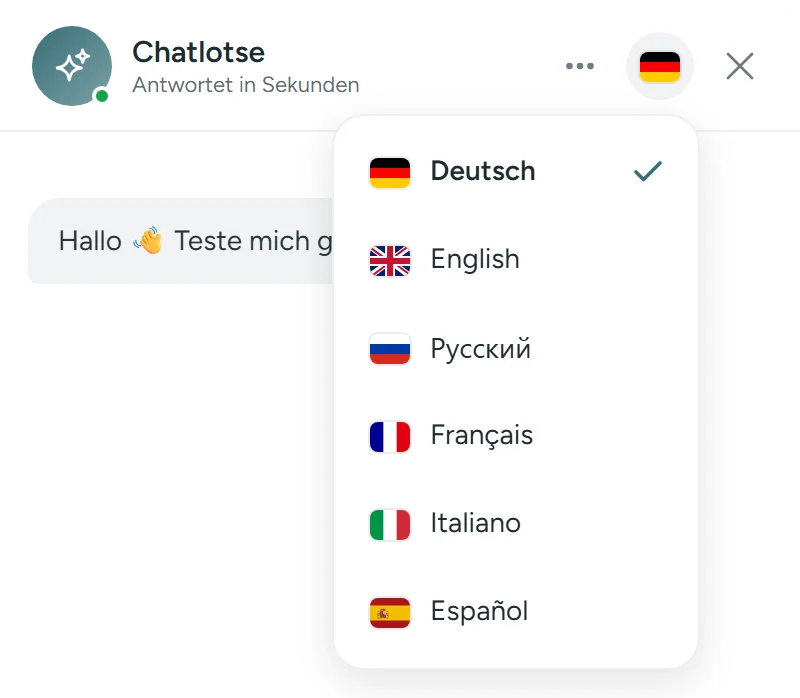 Aufgeklappter Sprachwechsler im Chat mit Flaggen für Deutsch, Englisch, Russisch, Französisch, Italienisch und Spanisch