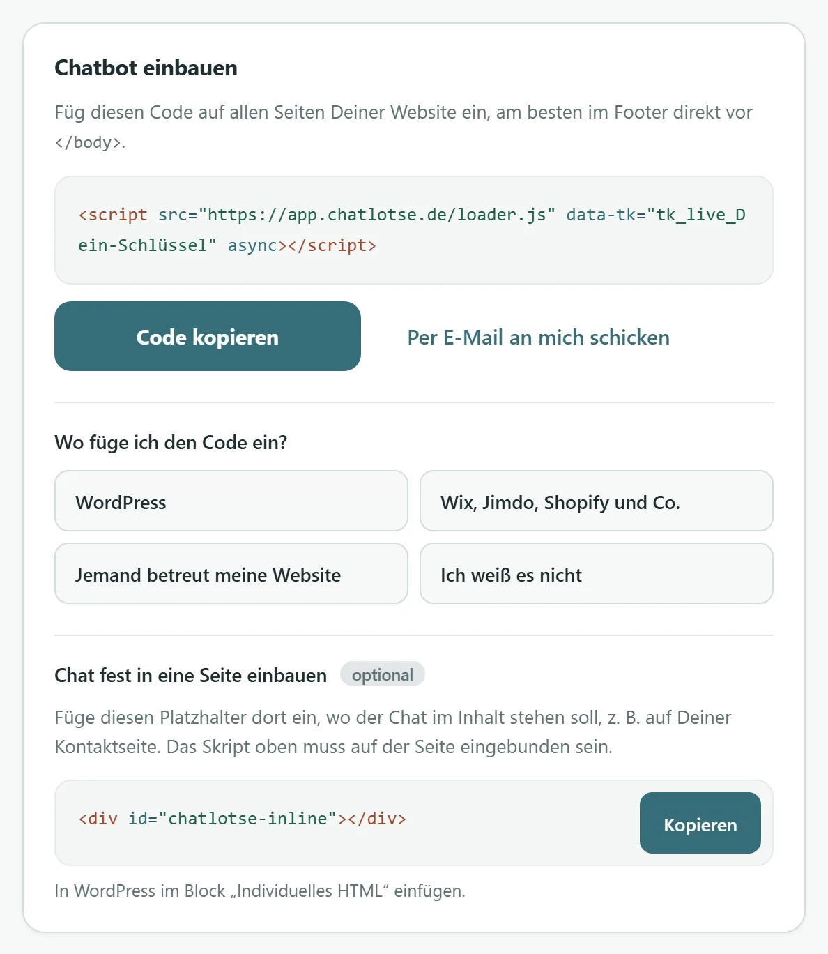 Dashboard-Ansicht Installation mit dem persönlichen Einbau-Code und dem Button Code kopieren