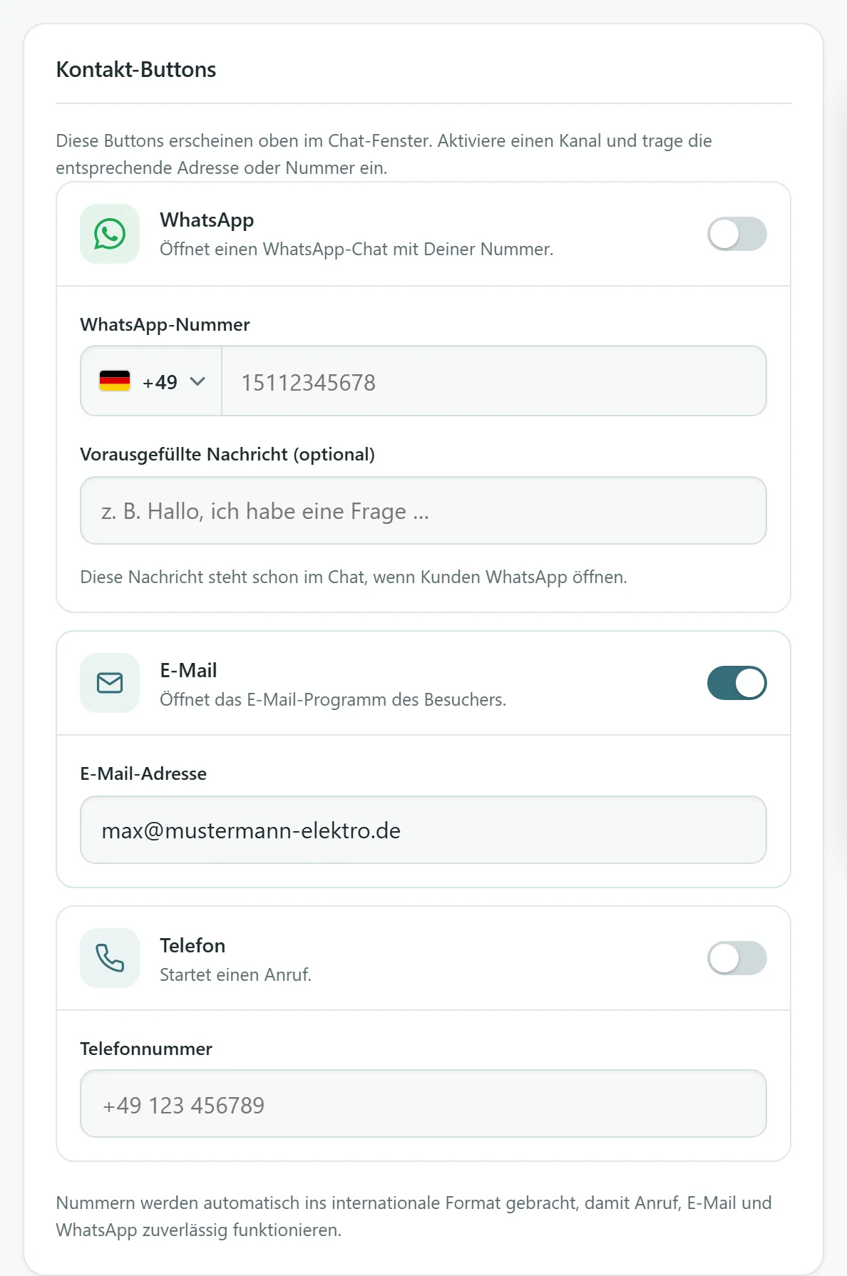 Bereich Kontaktwege im Dashboard mit den drei Karten WhatsApp, E-Mail und Telefon
