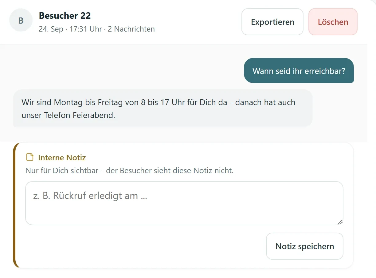 Geöffnetes Gespräch mit komplettem Chatverlauf im Postfach