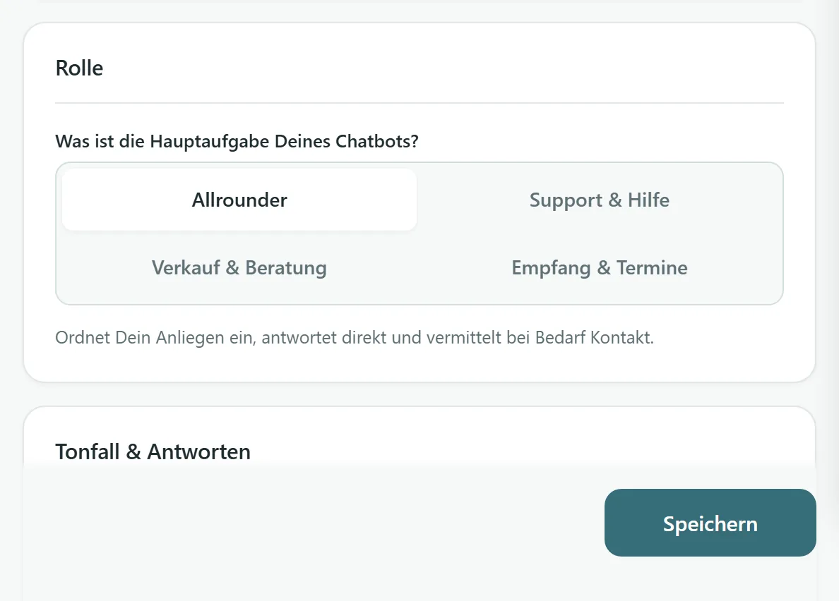 Bereich Persönlichkeit im Dashboard mit Rolle, Tonalität und Antwortlänge