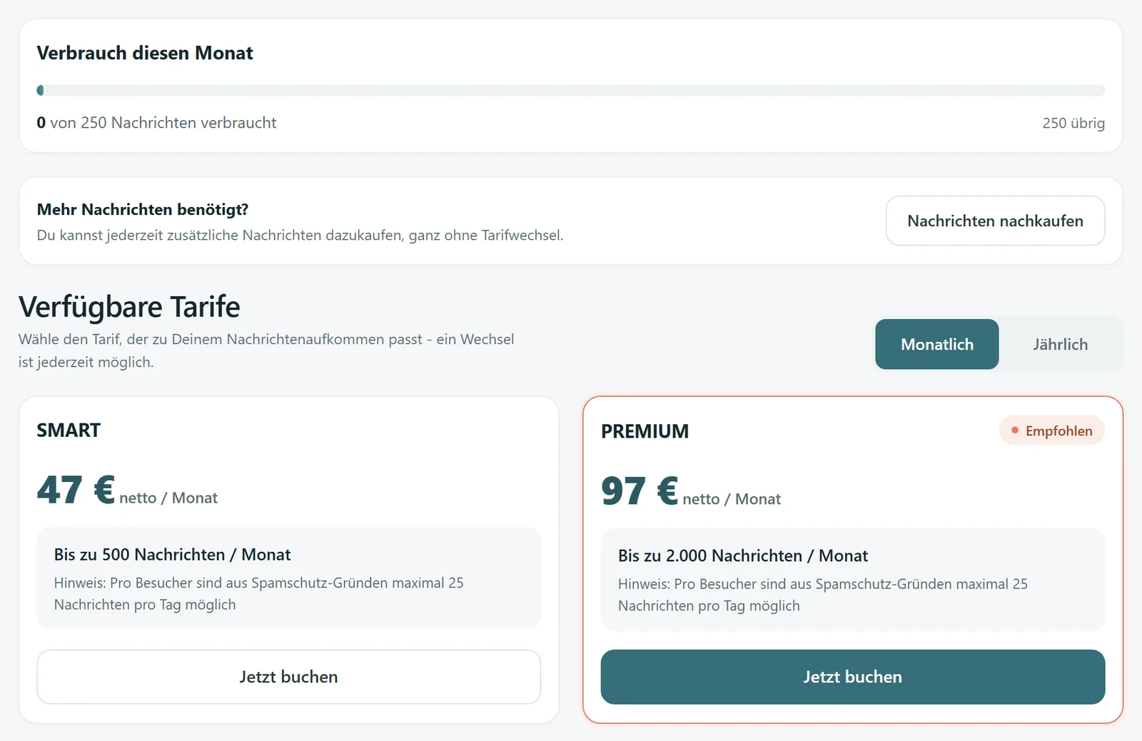 App-Seite Tarif und Verbrauch mit Verbrauchsbalken und den beiden Tarifkarten SMART und PREMIUM