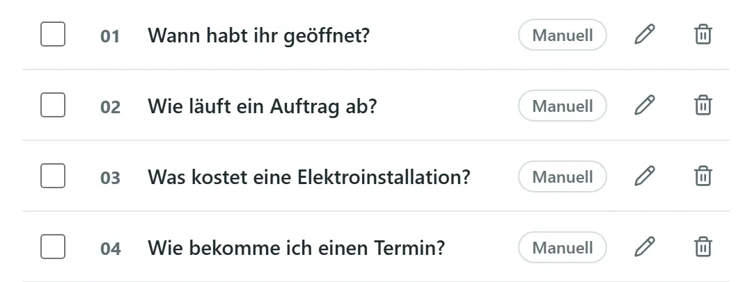 Vier FAQ-Einträge in der Wissensliste des Chatlotse-Dashboards