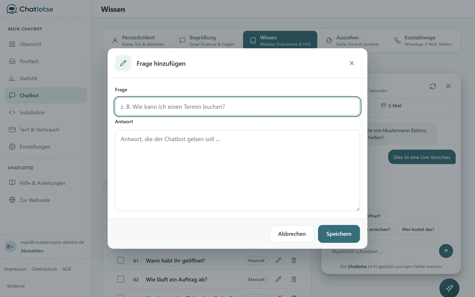 Pop-up-Fenster zum Anlegen einer FAQ mit Feldern für Frage und Antwort
